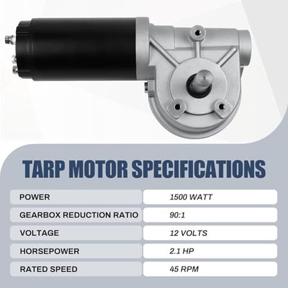 1500W 90:1 2.1HP Electric Tarp Motor for Dump Trucks Over 28' Length, Universal Tipper Truck Roll Canopy Motor for Dump Truck Tarp System with Chrome Housing Cover- 12V DC, 45RPM- 5 Years Warranty - size: 1500w 90:1