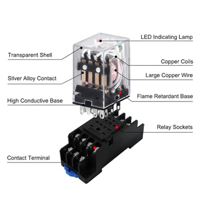 ATO DC 24V Coil 14-Pin Electromagnetic Power Relay 4PDT 4NO 4NC HH54P MY4NJ with Plug-in Terminal Socket Base - size: 4NO 4NC
