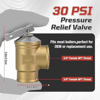 3/4" FNPT Female Inlet & Outlet – 30 PSI Automatic Pressure Relief Valve for Hot Water Boilers & Hydronic Heating Systems, Durable Lead-Free Brass, Up to 510,000 BTU