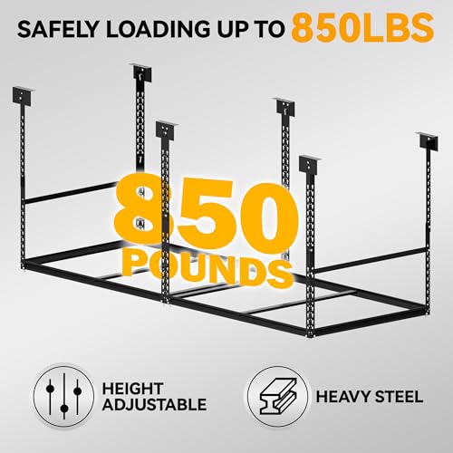 3x8 Ft Overhead Garage Storage Rack, 28-41 inch Height Adjustable Ceiling Mounted Organization Rack, 850 lbs Weight Capacity, 36"x96" Heavy Duty Space-Saving Metal Rack for Garage Storage - size: 3x8ft w/ 4 Support Bars