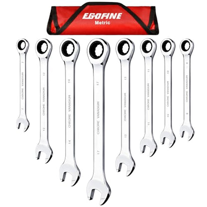 Egofine 8-Piece Ratcheting Wrench Set, Cr-V Steel Mertic Wrench Set from 7mm to 17mm wrench, 72 Teeth Ratchet Wrench, 12 Point Open End & Box End Combination wrench set with Roll Up Pouch - size: Metric-8 piece set