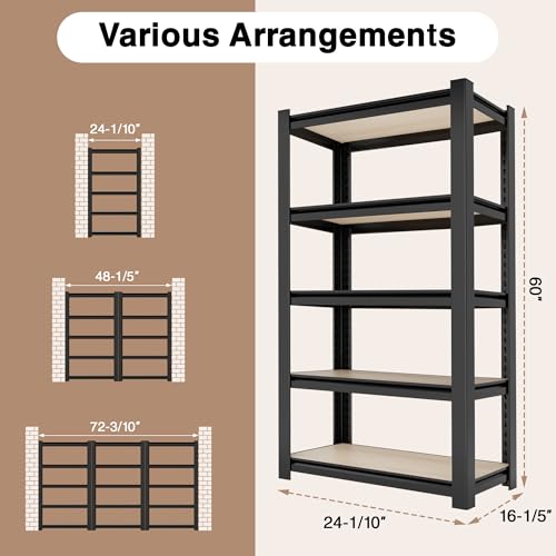 WORKPRO 5-Tier Black Shelving with Board, 24.1”Wx16.2”Dx60”H, 3000LBS Load - color: Black, size: 24.1"W x 16.2"D x 60"H