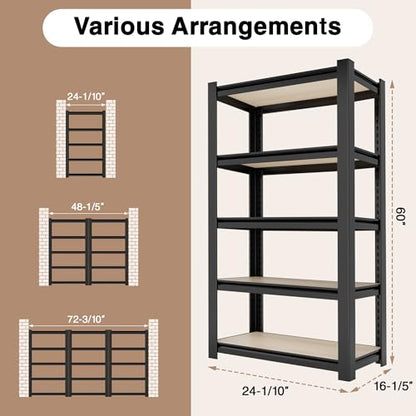 WORKPRO 5-Tier Black Shelving with Board, 24.1”Wx16.2”Dx60”H, 3000LBS Load - color: Black, size: 24.1"W x 16.2"D x 60"H