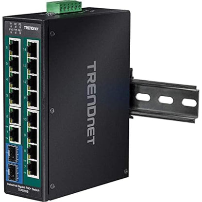 TRENDnet 16-Port Industrial Unmanaged Gigabit PoE+ DIN-Rail Switch,TI-PG162 - style: 14 Port Switch w/ 2 SFP Slots