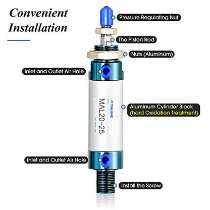 TAILONZ PNEUMATIC 20mm Bore 25mm Stroke Air Cylinder Double Action with Y Connector and 2Pcs 6mm Fitting MAL20x25 - size: 20mm Bore 25mm Stroke