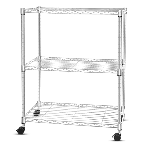 Whitmor 3 Tier Storage Shelving, Heavy Duty with Wheels, Adjustable Steel Organizer, 200 lbs Capacity per Shelf, Max 600 lbs Total for Garage, Kitchen, Bathroom, 24" L x 14" W x 20" H, Chrome - color: Sliver, size: 3-TIER, 20"L x 14"W x 24"H (With Wheels)