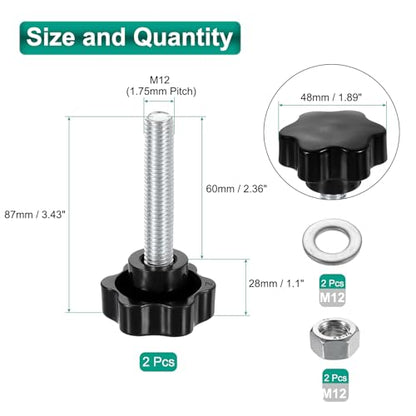uxcell 2pcs Star Clamping Knobs with Nuts Washers, M12 x 60mm Metric Zinc Plated Carbon Steel Male Thread 48mm 6-Star Plastic Head, Threaded Stud Hand Knobs Handles Thumb Screws, Black - size: M12 x 60mm