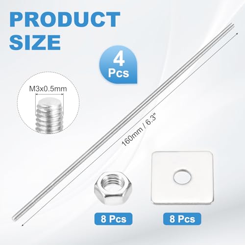 MECCANIXITY 4Set M3x160mm Fully Threaded Rod Threaded Rods Bar Studs - size: M3x160mm