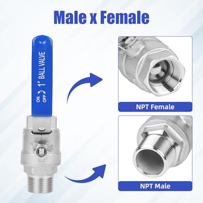 YADIAN 4 Pack 304 Stainless Steel 1'' Ball Valve Heavy Duty Full Port NPT Male x Female with Blue Vinyl Insulation Handle and Locking Device for Water, Oil, and Gas, 1000WOG (1inch NPT, Pack of 4) - size: 1''