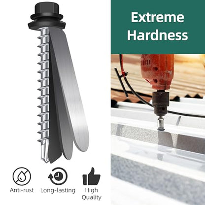 100-pack #10 x 1-1/2 Hex Head Self-Drilling Metal Roofing Screws with EPDM Washer, Black Coated Wood Screws, Self Tapping Sheet Metal Roof Screws (Diamond Point) - color: Black, size: #10 x 1-1/2"