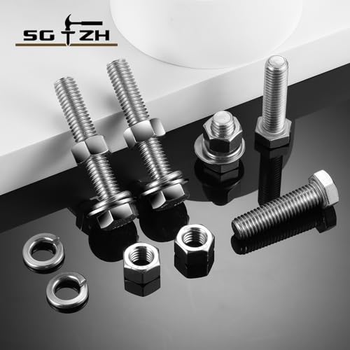 1/2-13 x 5 Hex Head Screw Bolt, Nuts, Flat & Lock Washers, 20Pcs 18-8 (304) Stainless Steel, Fully Threaded, by SG TZH - size: 1/2-13 x 5"