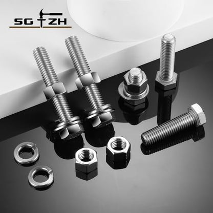 1/2-13 x 5 Hex Head Screw Bolt, Nuts, Flat & Lock Washers, 20Pcs 18-8 (304) Stainless Steel, Fully Threaded, by SG TZH - size: 1/2-13 x 5"