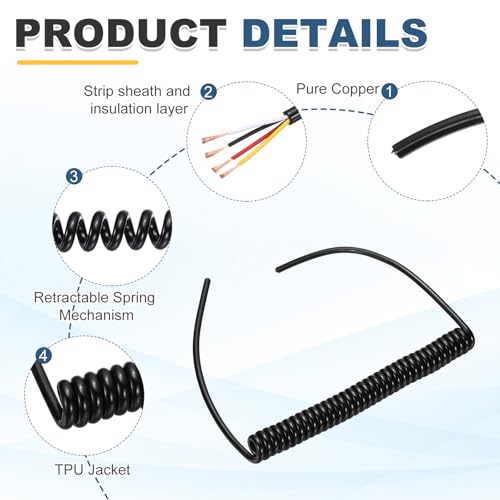 MECCANIXITY 5ft 20AWG Retractable Coiled Coil Cord 300V 105℃ 4 Conductor - size: 5ft x 20AWG, 4 Conductor