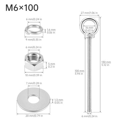 2X M6 Stainless Steel Eye Bolts with Nuts, 1/4" x 4" Lifting Ring Eye Bolt - size: M6x100mm (1/4"x4")