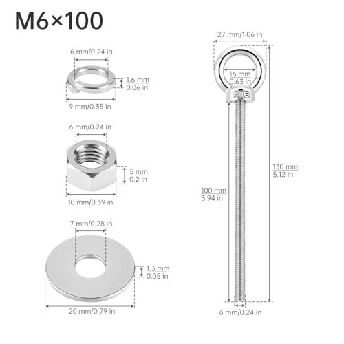 2X M6 Stainless Steel Eye Bolts with Nuts, 1/4" x 4" Lifting Ring Eye Bolt - size: M6x100mm (1/4"x4")
