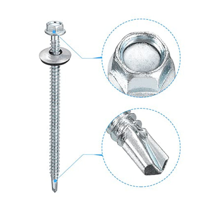 uxcell #12 x 3-9/16" Self Drilling Screws with Rubber Washer, 100pcs Zinc Plated Steel Roofing Screws Hex Head Self Tapping Screws with EPDM Washer for Metal to Metal - size: #12 x 3-9/16"