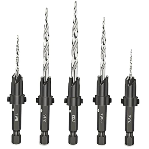 5PCS Woodworking Countersink Drill Bits Set, Tapered Drill Bits Countersink HSS Conical Countersink with 1 Hex Wrench Woodworking Countersink Bit - size: 5 PCS