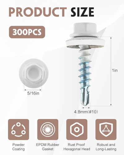 300 Pcs #10 x 1 White Self Tapping Screws with Rubber Washer - color: White