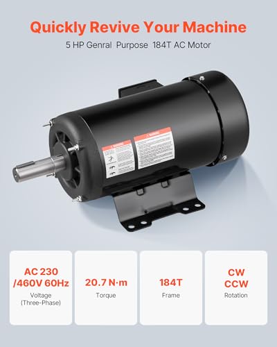 VEVOR 5 HP Electric Motor, 1725RPM Air Compressor Motor, CW/CCW Rotation, 1.125 inch Shaft Diameter, 2.75inch Shaft Length, 20.7N.m Torque, Three-Phase, TEFC Cooling, 230V/460V, 184T Frame - size: 5P B-2.75in Shaft Length