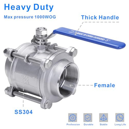 DERNORD Ball Valve 3 Inch NPT Threaded - Stainless Steel 304 Female 3 Piece Full Port (3" NPT Female) - size: 3" NPT Female