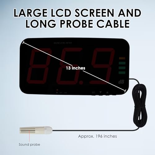 Decibel Meter Sound Level Meter with Data Logging, 13" Large LCD Display Wall Mounted Noise Meter for Classroom w/ 16.4ft Corded Sensor & Alarm Output for Studio Decibel Noise Measuring and Recording