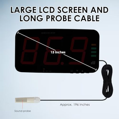 Decibel Meter Sound Level Meter with Data Logging, 13" Large LCD Display Wall Mounted Noise Meter for Classroom w/ 16.4ft Corded Sensor & Alarm Output for Studio Decibel Noise Measuring and Recording