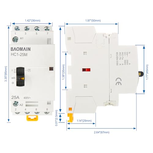 BAOMAIN 24V 4-Pole 25A Manual/Auto AC Contactor, 4NO, DIN Rail Mount