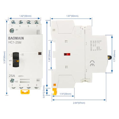 BAOMAIN 24V 4-Pole 25A Manual/Auto AC Contactor, 4NO, DIN Rail Mount