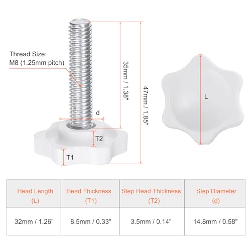 HARFINGTON 10pcs Star Knobs M8 x 35mm Male Thread 32mm Plastic 6-Point Head Stud Knob Hand Tightening Clamping Screw Replacement Threaded Handle, White - size: M8 x 35mm