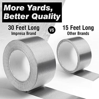 Impresa High Temperature Aluminum Foil Tape - 30 ft x 1.5 in, 0.15 mm Thick, Silver - Heat Resistant Sealing & High Heat Tape - Waterproof & Extra Thick Ductwork Sealer
