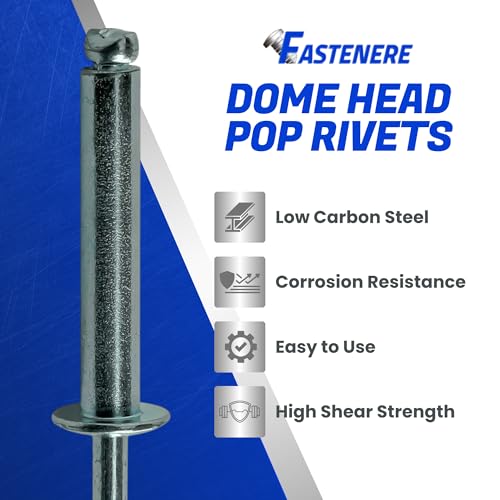 Fastenere Pop Rivets - 3/16" x 1-1/8" (50 pcs) Heavy Duty, Open-End, Low Carbon Steel, Dome-Head Blind Rivets, Corrosion-Resistant & High Shear Strength, 6-18 Gap 1.001"-1.125" - size: 3/16" x 1-1/8" (6-18) (50 Pack)