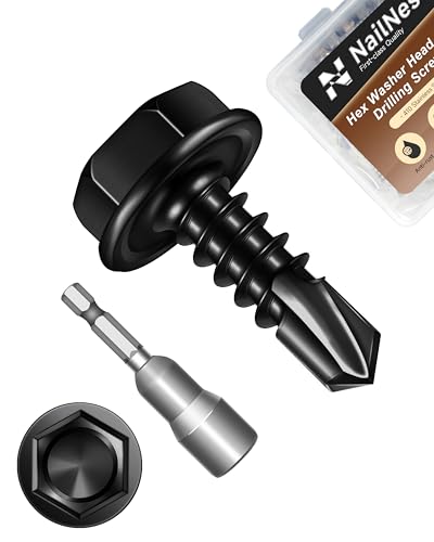 100PCS #8 x 1/2" Self Drilling Screws, Black Self Tapping Screws for Metal, 410 Stainless Steel Hex Washer Head Sheet Metal Screw, Quick Tapping with 7mm Hex Socket - color: Black, size: #8 x 1/2"
