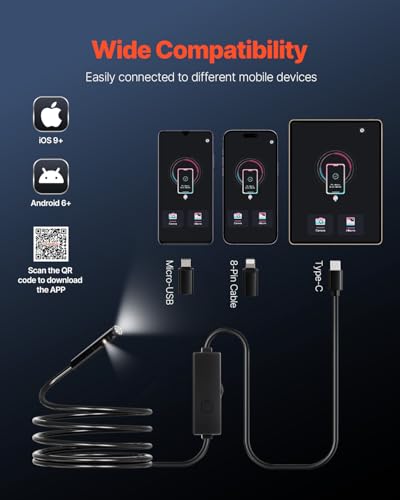 VEVOR Endoscope Camera with Light, Dual Lens Borescope for Android & iOS, 1920P HD Inspection Camera, 8 + 1 LED Lights, 2X Zoom, 10FT Snake Cable, IP67 Waterproof - size: 10FT