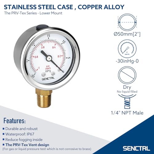 SENCTRL 30inHg Vacuum Pressure Gauge, 1/4" NPT Lower Mount - size: -30inHg-0, style: Lower Mount