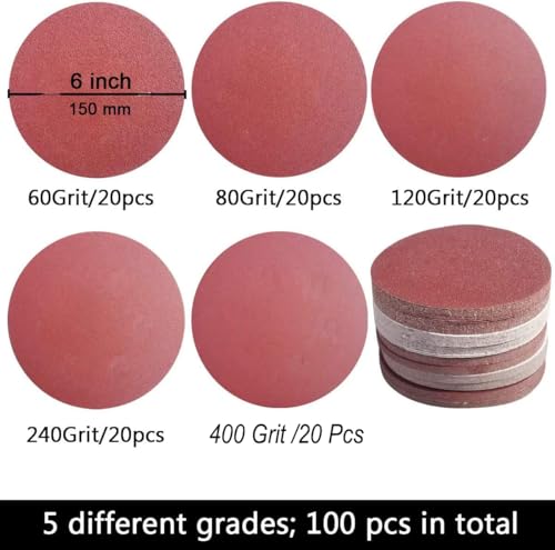 Tonmp 100 PCS 6 Inch No Hole Hook and Loop Sanding Disc Set- 60 80 120 240 400 Grit Sandpaper, 6" Aluminum Oxide Sander Paper for Random Orbit Sanders