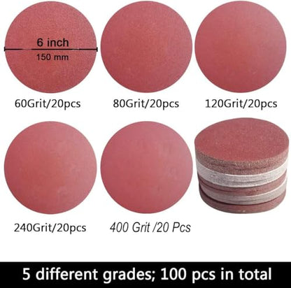Tonmp 100 PCS 6 Inch No Hole Hook and Loop Sanding Disc Set- 60 80 120 240 400 Grit Sandpaper, 6" Aluminum Oxide Sander Paper for Random Orbit Sanders