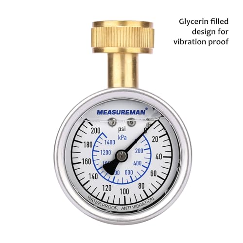 MEASUREMAN 2-1/2" Glycerin Filled Stainless Steel Water Pressure Test Gauge, 3/4" Female Hose Thread, 0-200 psi/kpa - size: Liquid Filled, style: Liquid Filled Test Gauge