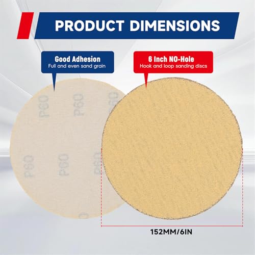 waltyotur 100Pcs Hook and Loop Sanding Discs 6 Inch NO-Hole 60-Grit Sandpaper Sanding Discs Hook and Loop Backing Sandpaper Aluminum Oxide Round Sandpaper for Polishing Accessories - size: 60-Grit, style: 6 Inch