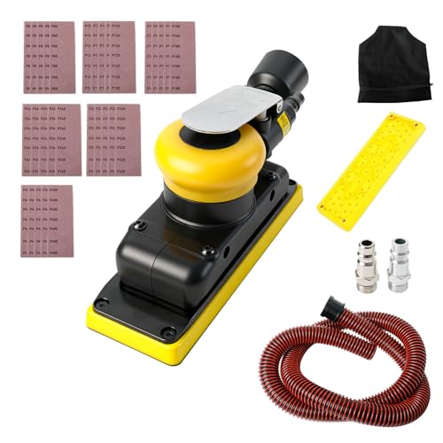 Pneumatic Random Orbital Sander, 70 mm x 198 mm 1/8" vacuum Air Sanderr, 10,000 Max OPM Dust Bag Style with Extra Hook-Loop Pad and 30pcs (80/120/180/240/320/400) Mesh Sandpapers