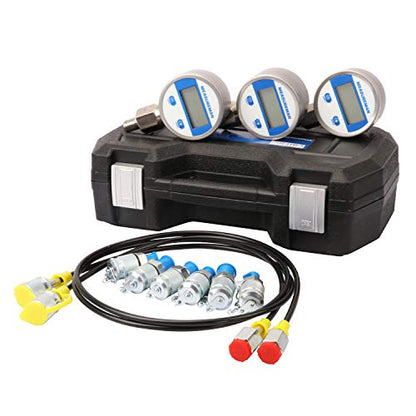 MEASUREMAN Portable Excavator Hydraulic Digital Pressure Test Kit, Includes 6 Test Couplings, 3 Digital Pressure Gauges (3500/6000/9000 PSI), 2 Test Hoses, Packed in Durable Plastic Case - style: Digital Hydraulic Pressure Test Kit（11in1）