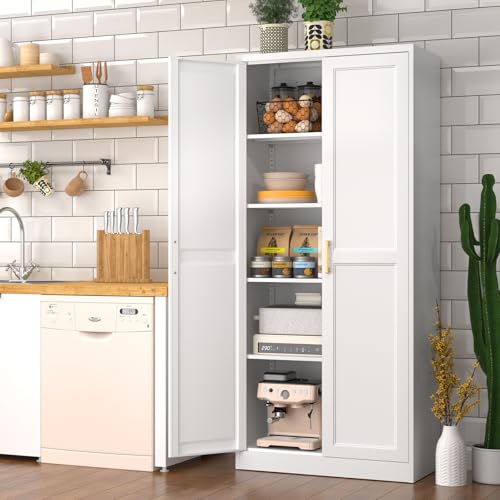 Polup 71" White Metal Kitchen Pantry Storage Cabinet with Doors and Shelves - color: White, size: 71"H with No Drawers