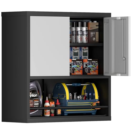 IRONFFICE Metal Garage Cabinet, Locking Cabinet with Adjustable Shelf, 2 Doors Cabinet for Tools, Hanging Cabinet for Basement, Black/Grey - color: Black-grey, size: 30.71"H