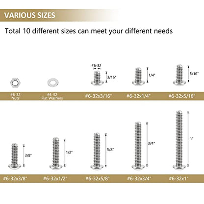 252 Pieces #6-32 x 3/16", 1/4", 5/16", 3/8", 1/2", 5/8", 3/4", 1", Button Head Socket Cap Screws Nuts Washers Assortment Kit, 304 Stainless Steel, Fully Machine Thread - size: #6-32, style: Button Head