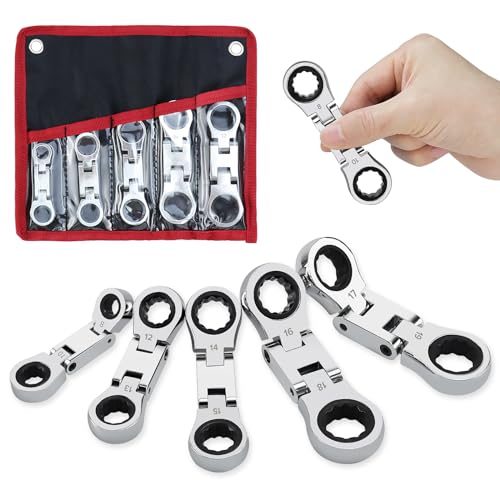 LOSCHEN 5-Piece Flex-Head Stubby Ratcheting Combination Wrench Set, Mini Wrench Set, Double Box End Flex-Head, Mini Spanner Set, Metric 8 10 12 13 14 15 16 17 18 19mm, 72-Teeth, CR-V Steel - size: Metric