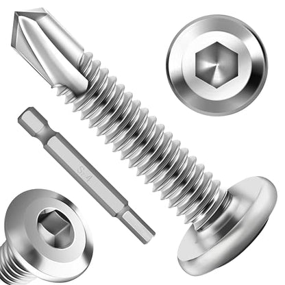 100Pcs 10 x 1-1/4" Sheet Metal Screws, Stainless Steel Flat Head Socket Cap Self Drilling Screw, Allen Socket Drive, Self Tapping Screws with Drill Bit - color: Silver, size: #10 x 1-1/4"