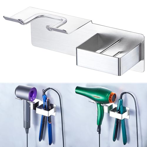 Hair Dryer and Straightener Holder Wall Mounted, Metal Adhesive Hair Tool Organizer for Blow Dryer, Curling Iron, Flat Iron, Bathroom Vanity Salon Barber Shops (Silver) - color: Silver
