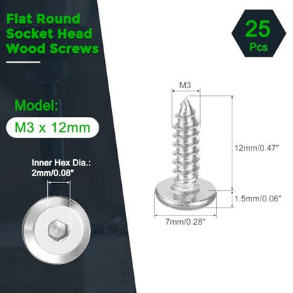 uxcell 25Pcs M3x12mm Flat Round Socket Head Screws,SS Self Tapping Screws - size: M3 x 12mm