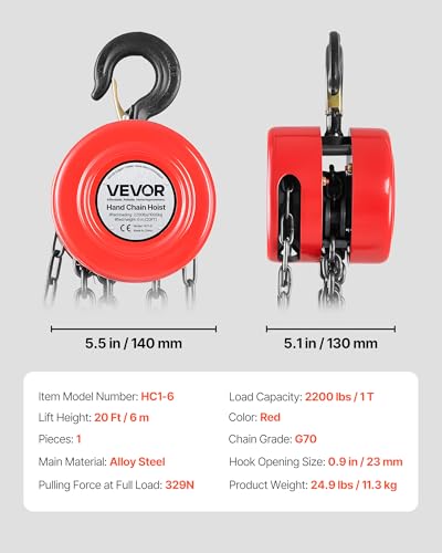 VEVOR Hand Chain Hoist, 1 Ton 2200 lbs Capacity, Manual Chain Block with Upgrade G70 Galvanized Chain, 20 ft Lifting Height, Heavy Duty Pulley Hoist for Garage Warehouse Automotive Machinery, Red