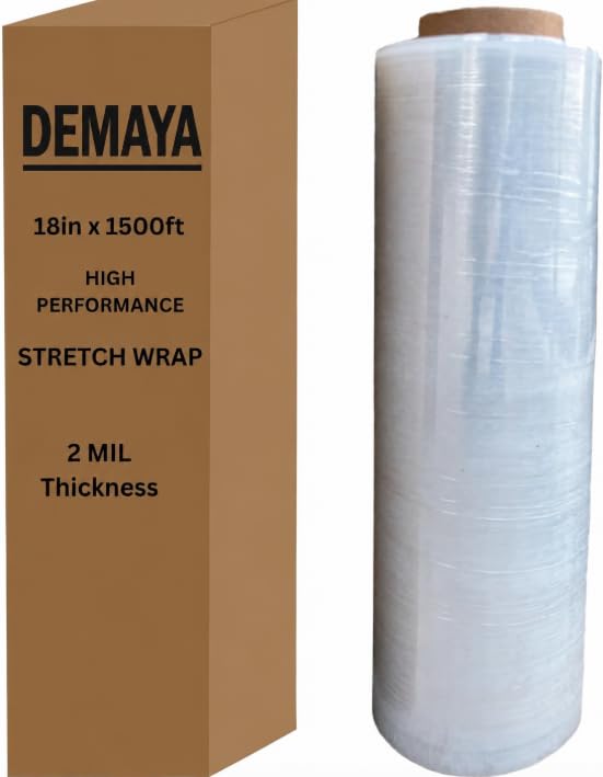 DEMAYA 18" x 1500 Feet 80 Gauge 20Micron, Industrial Clear Cast Stretch Wrap, Durable Adhering Plastic Pallet Wrap Film Roll (1 Pack)