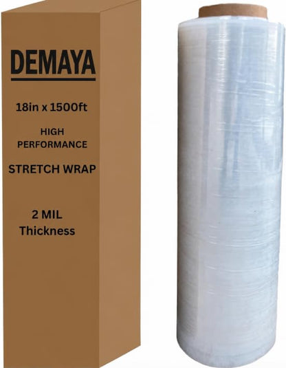 DEMAYA 18" x 1500 Feet 80 Gauge 20Micron, Industrial Clear Cast Stretch Wrap, Durable Adhering Plastic Pallet Wrap Film Roll (1 Pack)